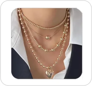 Chunky Layered Puff Heart Necklace for Women Multi Layered Gold Heart Pendant Necklace Vintage Punk Hip Hop Beaded Square Beaded Necklace 80's 90's Cuban Link Chain Statement Necklace
