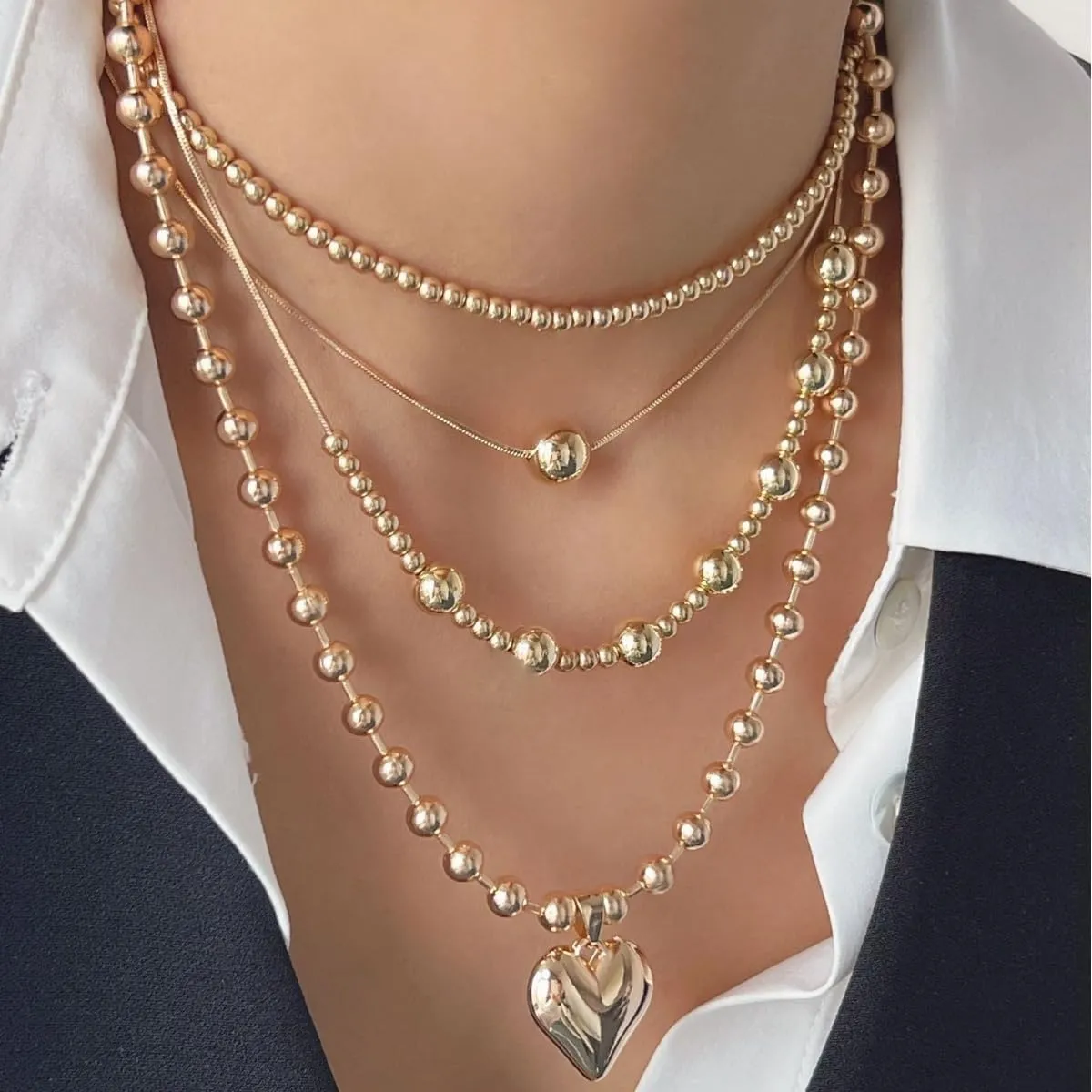 Chunky Layered Puff Heart Necklace for Women Multi Layered Gold Heart Pendant Necklace Vintage Punk Hip Hop Beaded Square Beaded Necklace 80's 90's Cuban Link Chain Statement Necklace
