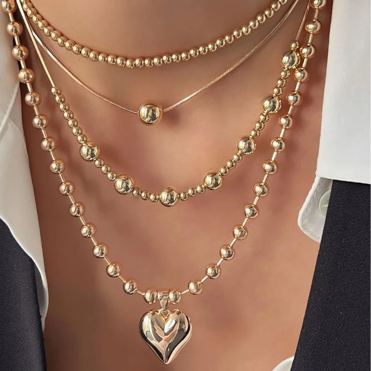 Chunky Layered Puff Heart Necklace for Women Multi Layered Gold Heart Pendant Necklace Vintage Punk Hip Hop Beaded Square Beaded Necklace 80's 90's Cuban Link Chain Statement Necklace