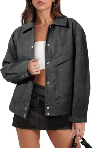 Cicy Bell Womens Faux Leather Bomber Jackets Button Down Vintage Casual Moto Coats Loose Fit Fall Fashion Outerwear
