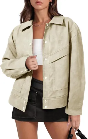 Cicy Bell Womens Faux Leather Bomber Jackets Button Down Vintage Casual Moto Coats Loose Fit Fall Fashion Outerwear