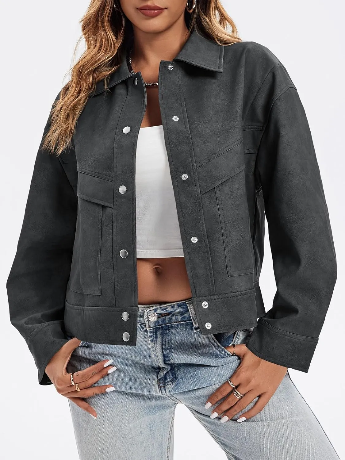 Cicy Bell Womens Faux Leather Bomber Jackets Button Down Vintage Casual Moto Coats Loose Fit Fall Fashion Outerwear