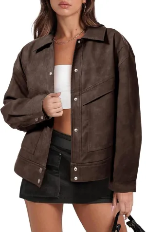 Cicy Bell Womens Faux Leather Bomber Jackets Button Down Vintage Casual Moto Coats Loose Fit Fall Fashion Outerwear