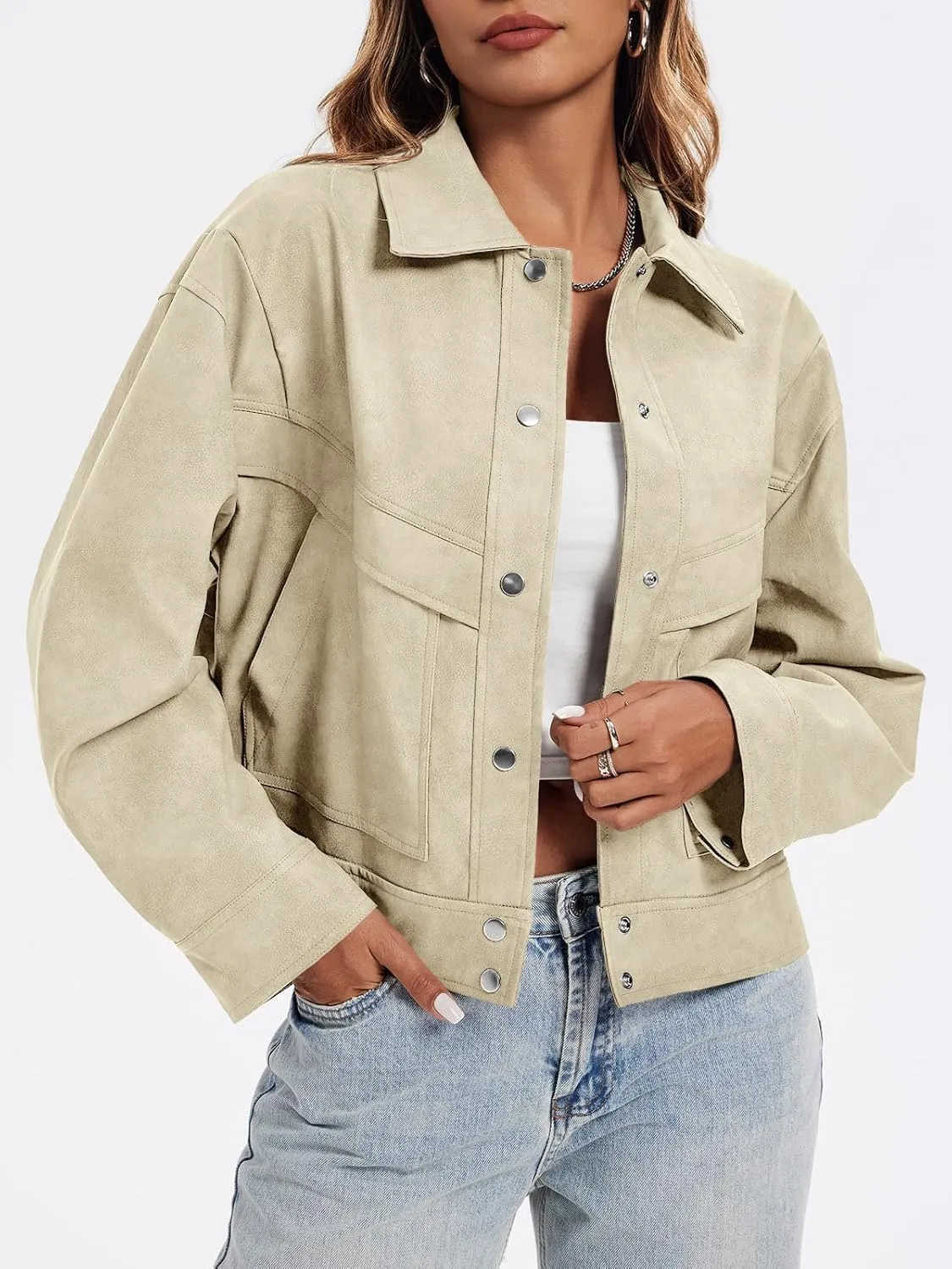 Cicy Bell Womens Faux Leather Bomber Jackets Button Down Vintage Casual Moto Coats Loose Fit Fall Fashion Outerwear