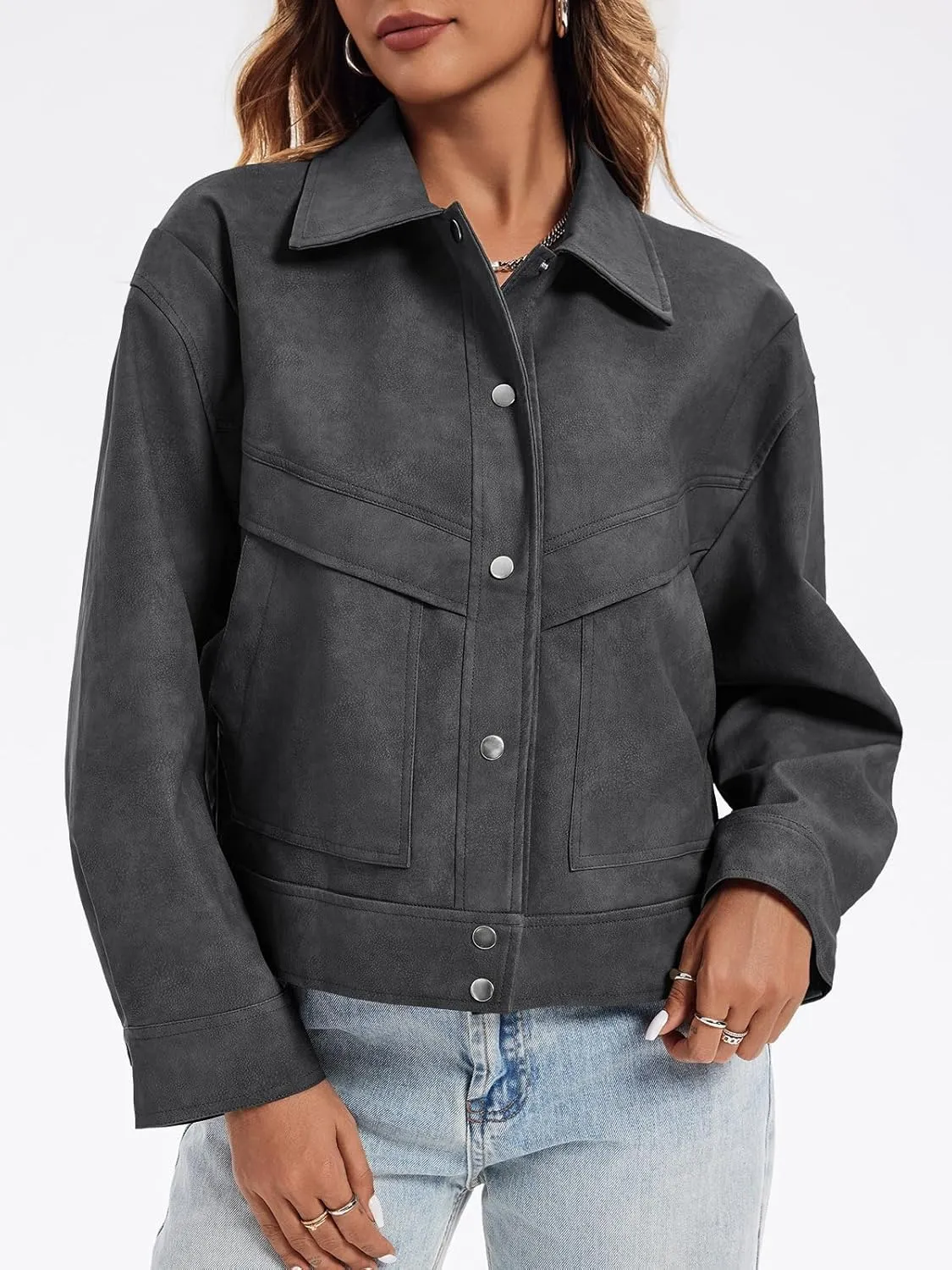 Cicy Bell Womens Faux Leather Bomber Jackets Button Down Vintage Casual Moto Coats Loose Fit Fall Fashion Outerwear