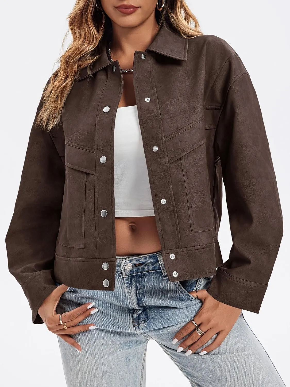 Cicy Bell Womens Faux Leather Bomber Jackets Button Down Vintage Casual Moto Coats Loose Fit Fall Fashion Outerwear