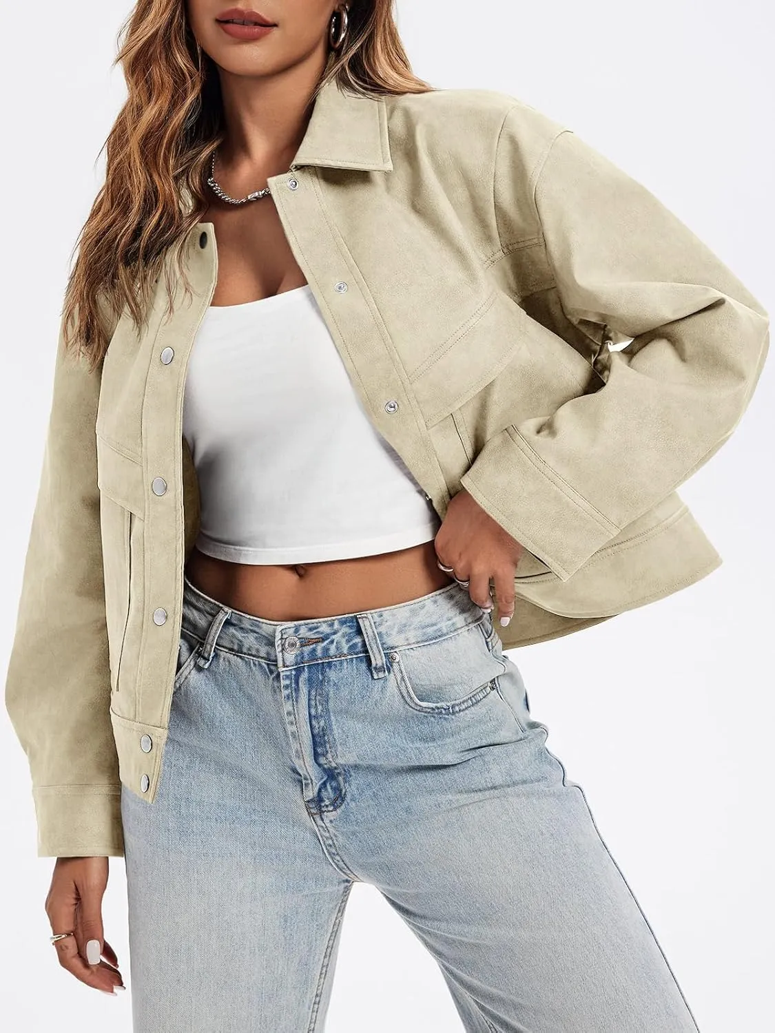 Cicy Bell Womens Faux Leather Bomber Jackets Button Down Vintage Casual Moto Coats Loose Fit Fall Fashion Outerwear