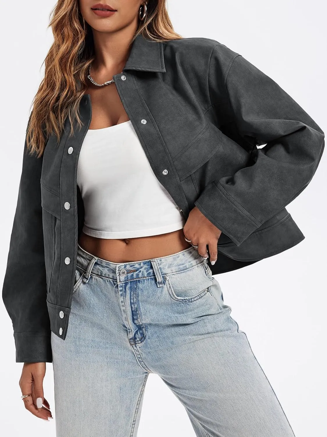 Cicy Bell Womens Faux Leather Bomber Jackets Button Down Vintage Casual Moto Coats Loose Fit Fall Fashion Outerwear