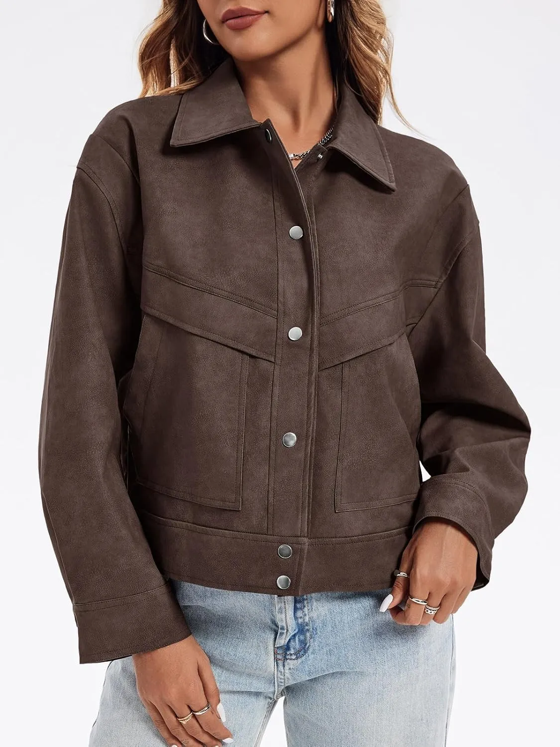 Cicy Bell Womens Faux Leather Bomber Jackets Button Down Vintage Casual Moto Coats Loose Fit Fall Fashion Outerwear