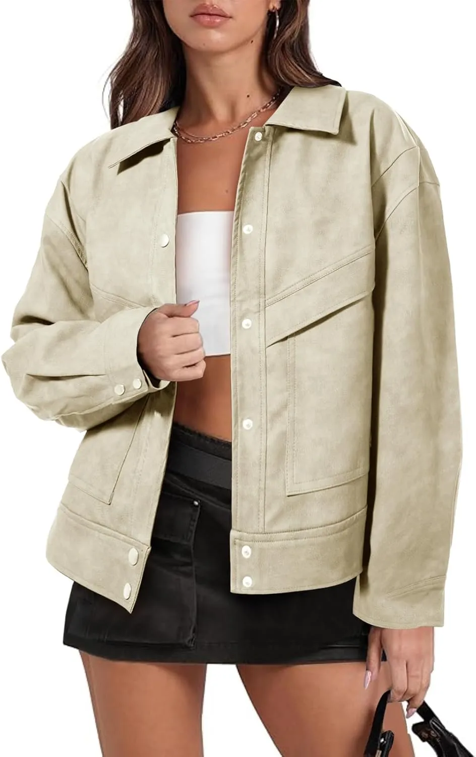 Cicy Bell Womens Faux Leather Bomber Jackets Button Down Vintage Casual Moto Coats Loose Fit Fall Fashion Outerwear