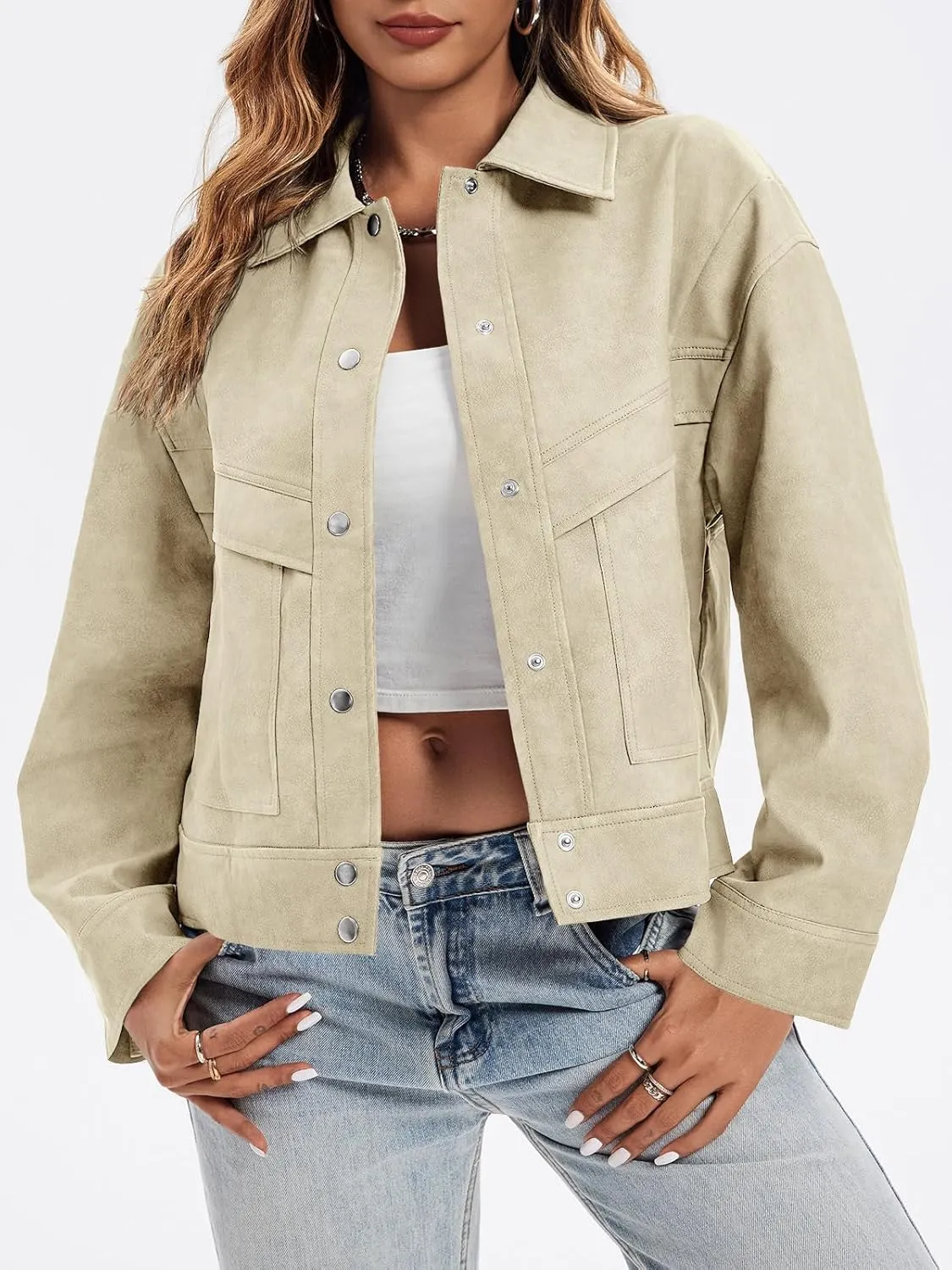 Cicy Bell Womens Faux Leather Bomber Jackets Button Down Vintage Casual Moto Coats Loose Fit Fall Fashion Outerwear