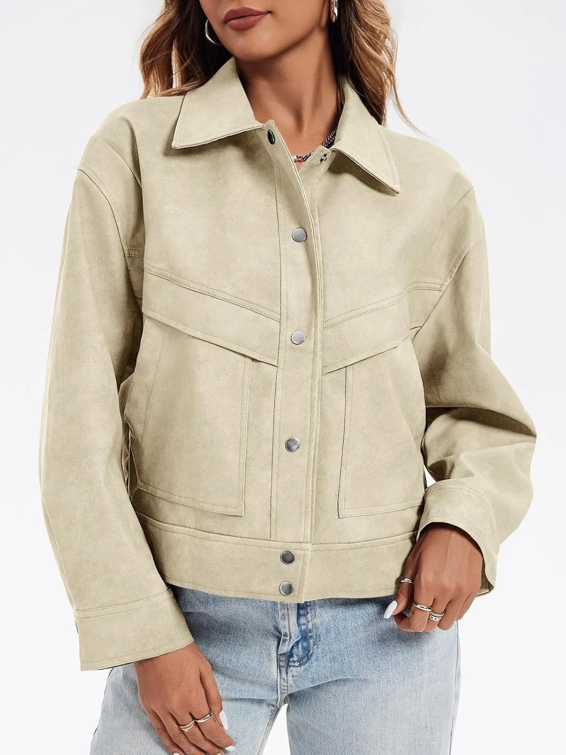 Cicy Bell Womens Faux Leather Bomber Jackets Button Down Vintage Casual Moto Coats Loose Fit Fall Fashion Outerwear