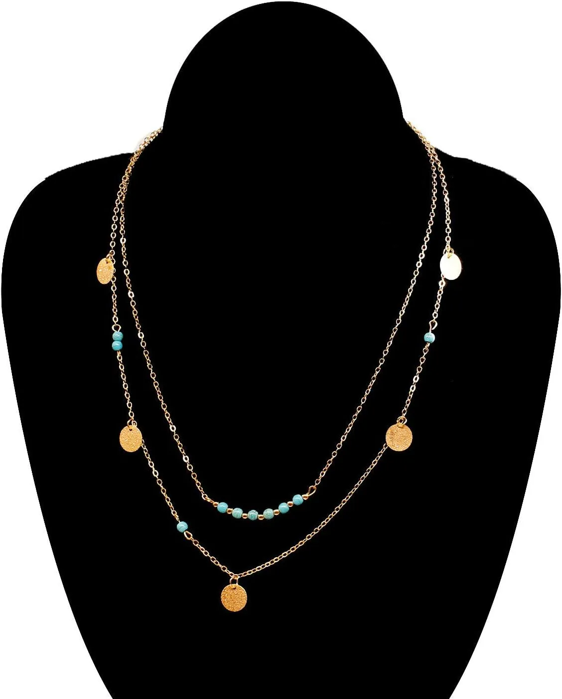 CJIAYUJEW Gold Layered Turquoise Necklace for Women Dainty Layering Choker Necklace Multi Boho Turquoise Long Necklace Simple Multilayer Coin Pendant Necklace Set