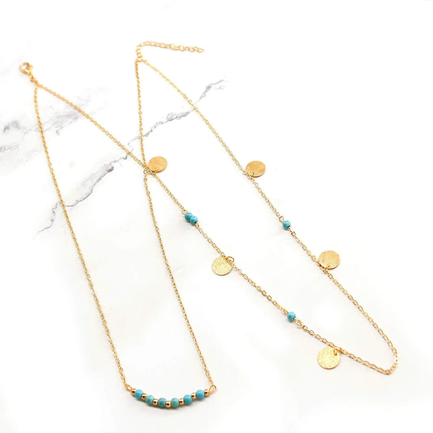 CJIAYUJEW Gold Layered Turquoise Necklace for Women Dainty Layering Choker Necklace Multi Boho Turquoise Long Necklace Simple Multilayer Coin Pendant Necklace Set
