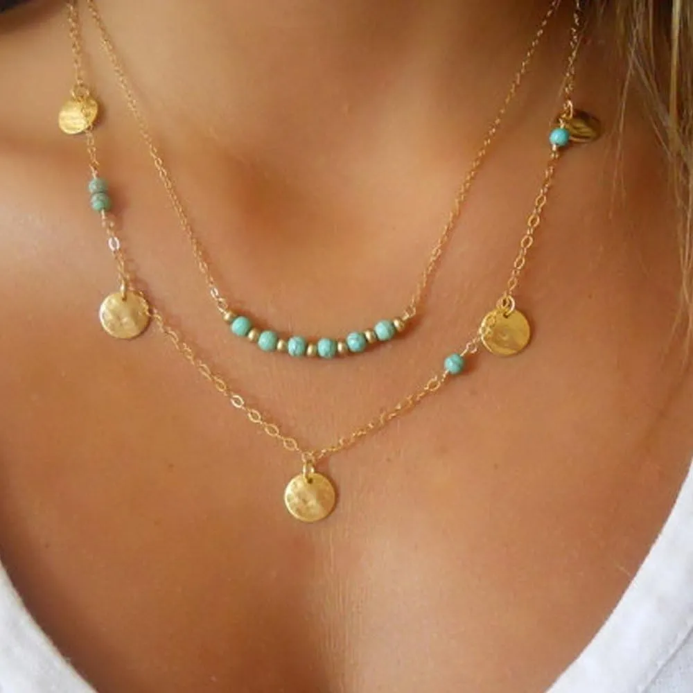 CJIAYUJEW Gold Layered Turquoise Necklace for Women Dainty Layering Choker Necklace Multi Boho Turquoise Long Necklace Simple Multilayer Coin Pendant Necklace Set