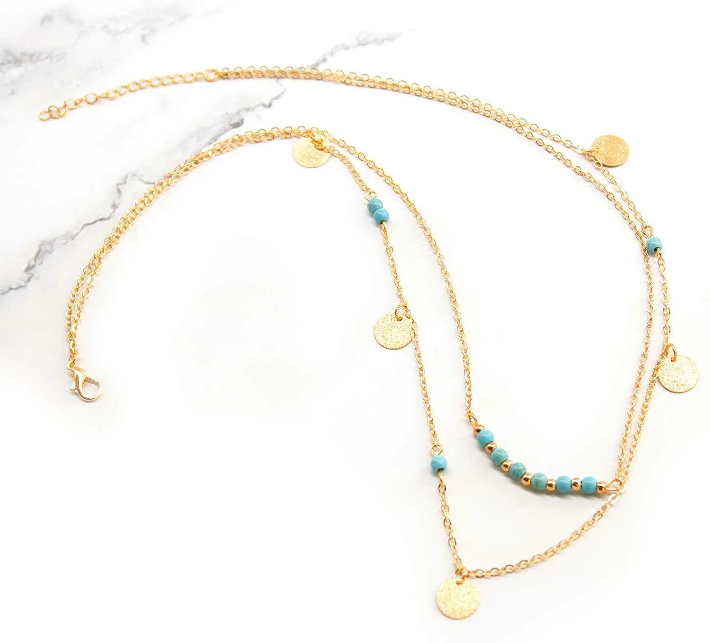 CJIAYUJEW Gold Layered Turquoise Necklace for Women Dainty Layering Choker Necklace Multi Boho Turquoise Long Necklace Simple Multilayer Coin Pendant Necklace Set