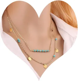 CJIAYUJEW Gold Layered Turquoise Necklace for Women Dainty Layering Choker Necklace Multi Boho Turquoise Long Necklace Simple Multilayer Coin Pendant Necklace Set