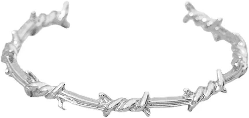COLORFUL BLING Adjustable Punk Twist 2Pcs Barbed Wire Thorns Chunky Brambles Safety Spur Link Chain Bracelet Set Couple Friendship Hip Hop Rock Cool Cuff Bangle Jewelry
