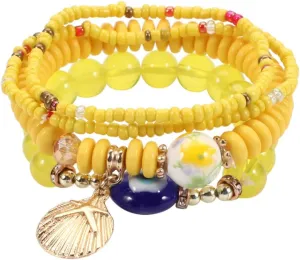 COLORFUL BLING Bohemian Women Multilayer Stretch Bead Evil Eye Bracelet Beach Shell Stackable Lucky Protection Bracelet Beaded Strand Bangle Boho Beach Jewelry