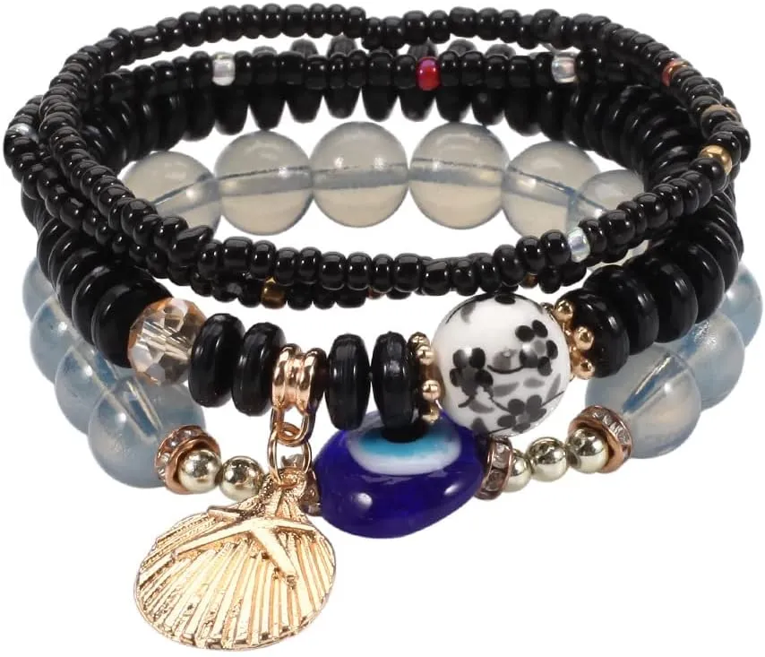 COLORFUL BLING Bohemian Women Multilayer Stretch Bead Evil Eye Bracelet Beach Shell Stackable Lucky Protection Bracelet Beaded Strand Bangle Boho Beach Jewelry