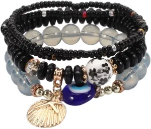 COLORFUL BLING Bohemian Women Multilayer Stretch Bead Evil Eye Bracelet Beach Shell Stackable Lucky Protection Bracelet Beaded Strand Bangle Boho Beach Jewelry