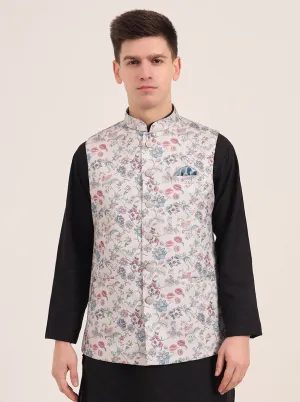 Cream Printed Regular Fit Bandhgala Jacket | JB Studio