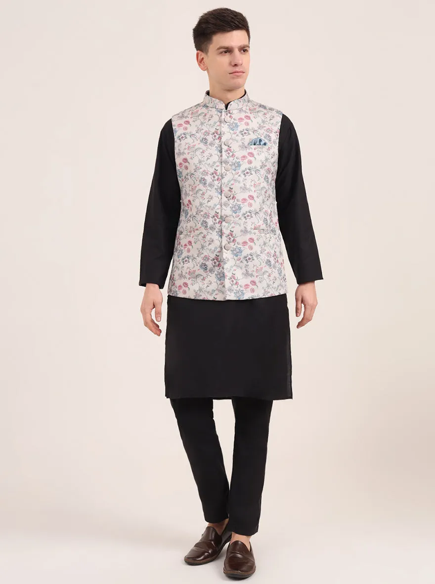 Cream Printed Regular Fit Bandhgala Jacket | JB Studio