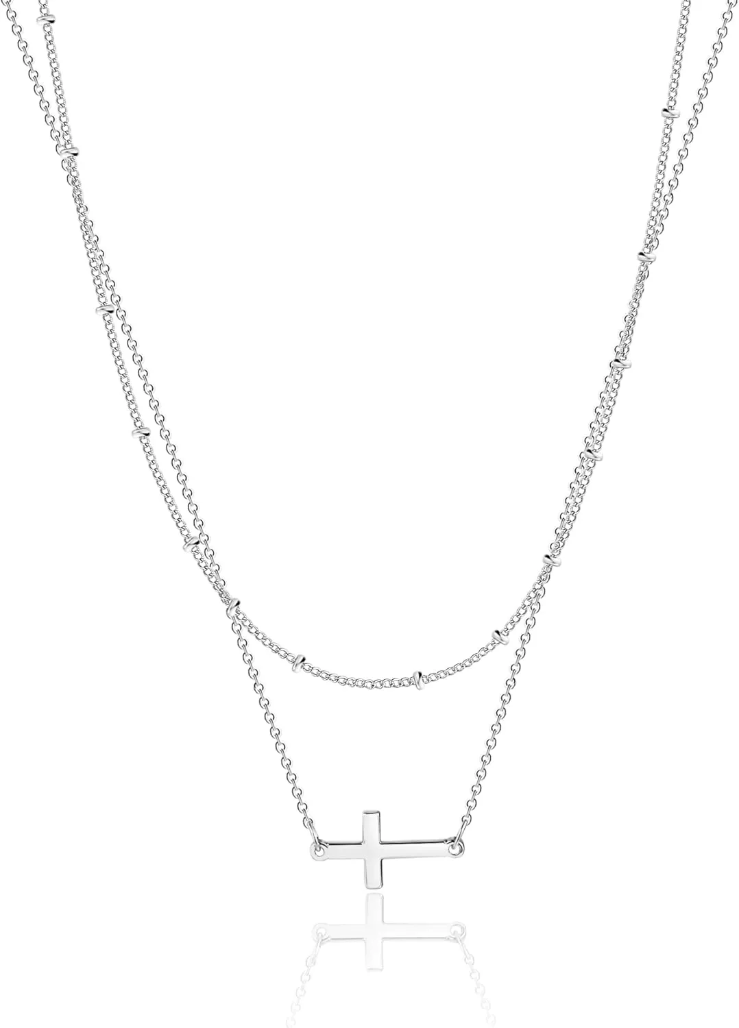 Cross Necklace for Women 14K Gold Plated Dainty Cubic Zirconia Sideways Cross Necklace Simple Cute Layered Gold Cross Pendant Satellite Chain Necklace Trendy Fashion Jewelry Gifts