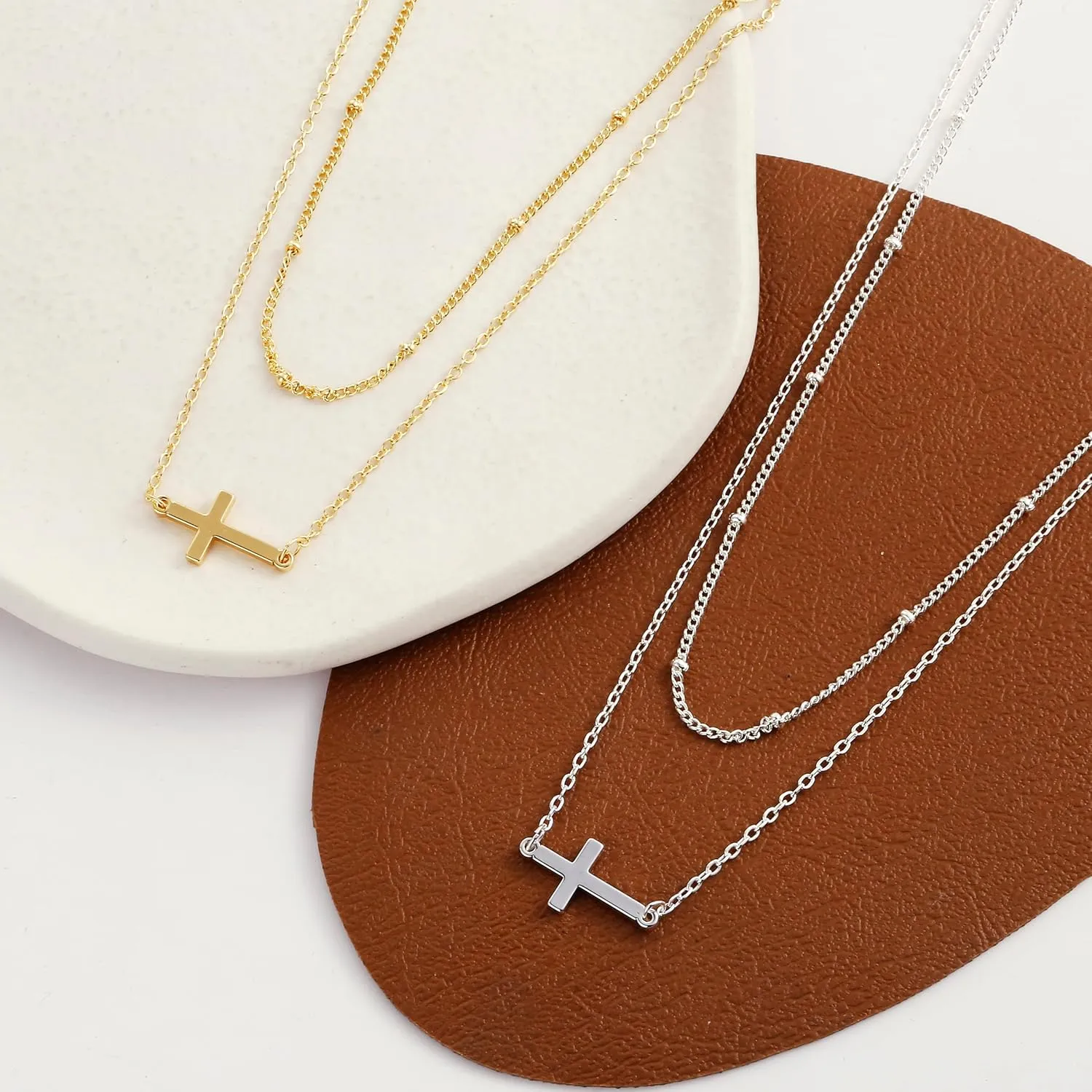 Cross Necklace for Women 14K Gold Plated Dainty Cubic Zirconia Sideways Cross Necklace Simple Cute Layered Gold Cross Pendant Satellite Chain Necklace Trendy Fashion Jewelry Gifts