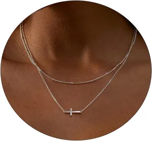 Cross Necklace for Women 14K Gold Plated Dainty Cubic Zirconia Sideways Cross Necklace Simple Cute Layered Gold Cross Pendant Satellite Chain Necklace Trendy Fashion Jewelry Gifts