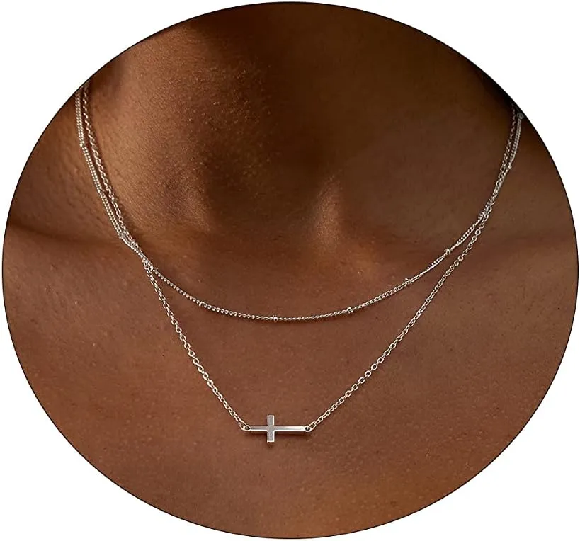 Cross Necklace for Women 14K Gold Plated Dainty Cubic Zirconia Sideways Cross Necklace Simple Cute Layered Gold Cross Pendant Satellite Chain Necklace Trendy Fashion Jewelry Gifts