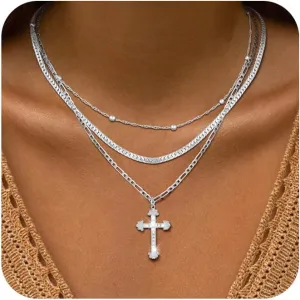 Cross Necklace for Women 14K Gold Silver Plated Necklace Layered Gold Cross Necklace Dainty Cross Pendant Choker Simple Cute Diamond Cross Necklace Faith Jewelry Religious Minimalist Gift