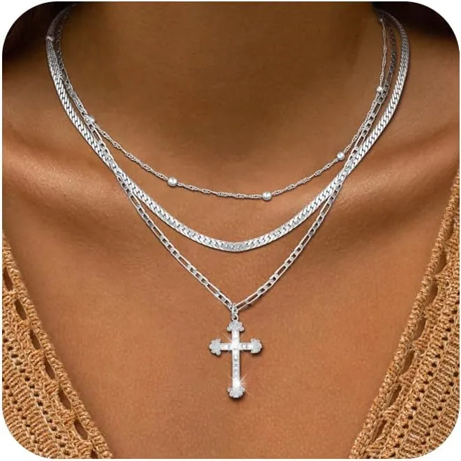 Cross Necklace for Women 14K Gold Silver Plated Necklace Layered Gold Cross Necklace Dainty Cross Pendant Choker Simple Cute Diamond Cross Necklace Faith Jewelry Religious Minimalist Gift