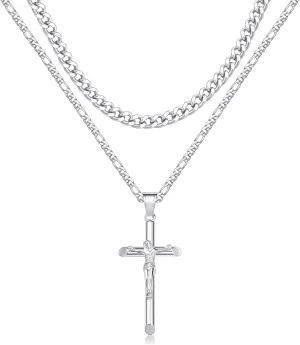 Cross Necklace for Women Men Stainless Steel Mens Cross Necklaces Gold Silver Jesus Cross Necklace Layered Cuban Figaro Chain Necklace Jewelry Gifts for Women Men