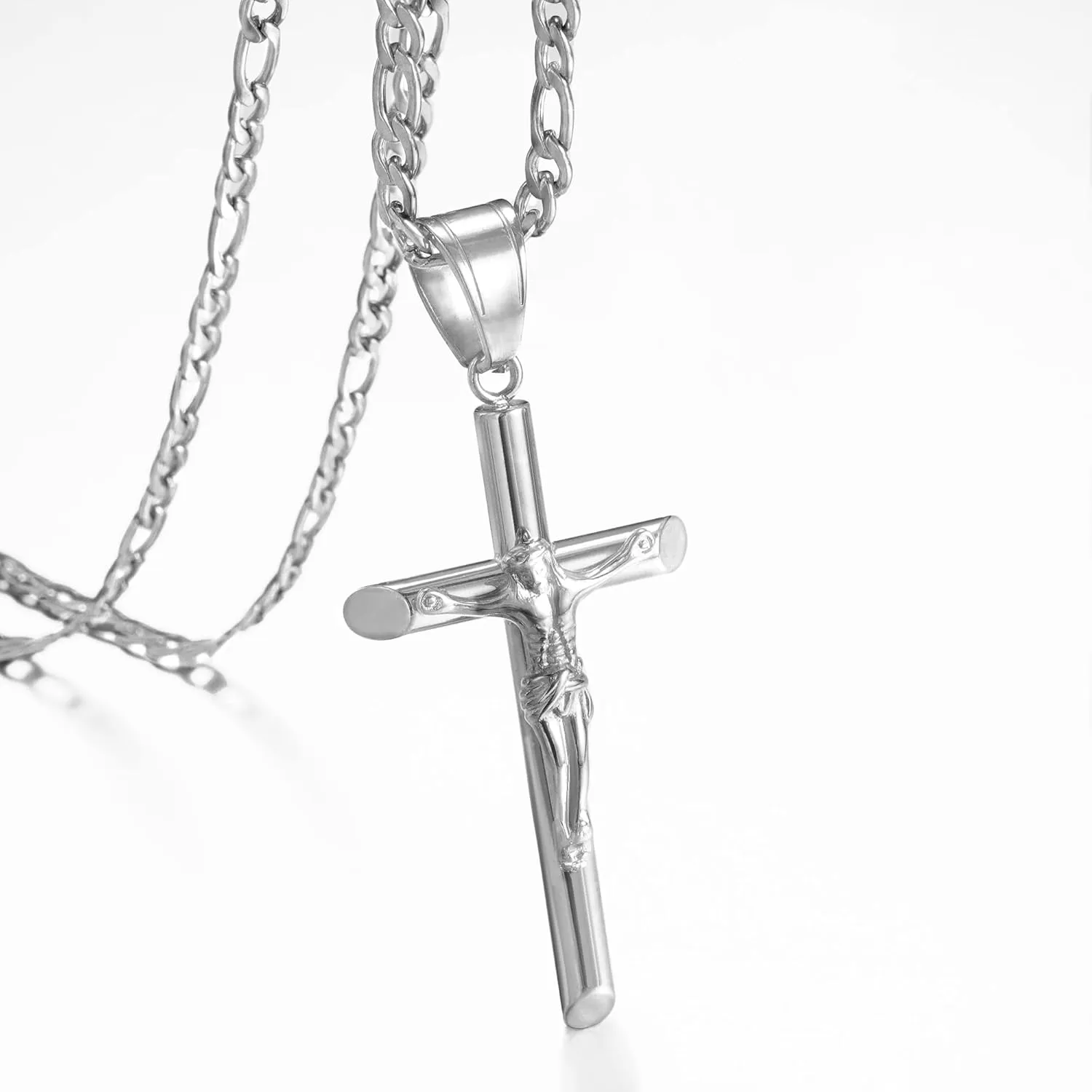 Cross Necklace for Women Men Stainless Steel Mens Cross Necklaces Gold Silver Jesus Cross Necklace Layered Cuban Figaro Chain Necklace Jewelry Gifts for Women Men
