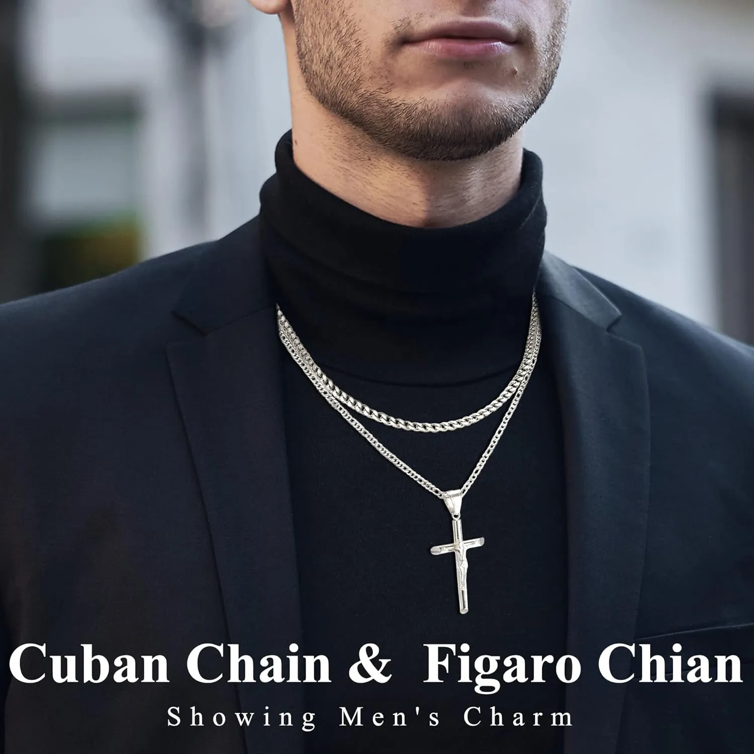 Cross Necklace for Women Men Stainless Steel Mens Cross Necklaces Gold Silver Jesus Cross Necklace Layered Cuban Figaro Chain Necklace Jewelry Gifts for Women Men