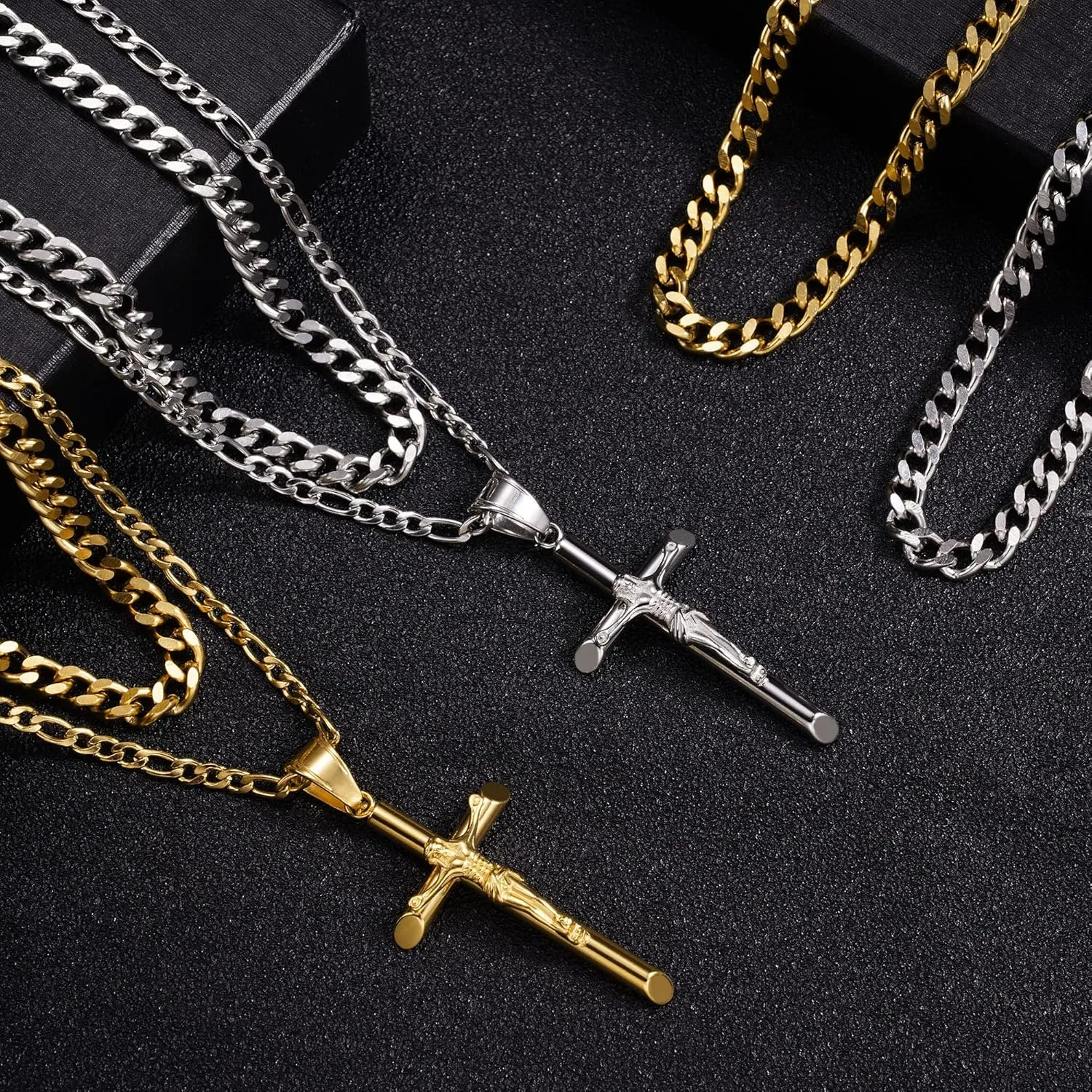 Cross Necklace for Women Men Stainless Steel Mens Cross Necklaces Gold Silver Jesus Cross Necklace Layered Cuban Figaro Chain Necklace Jewelry Gifts for Women Men