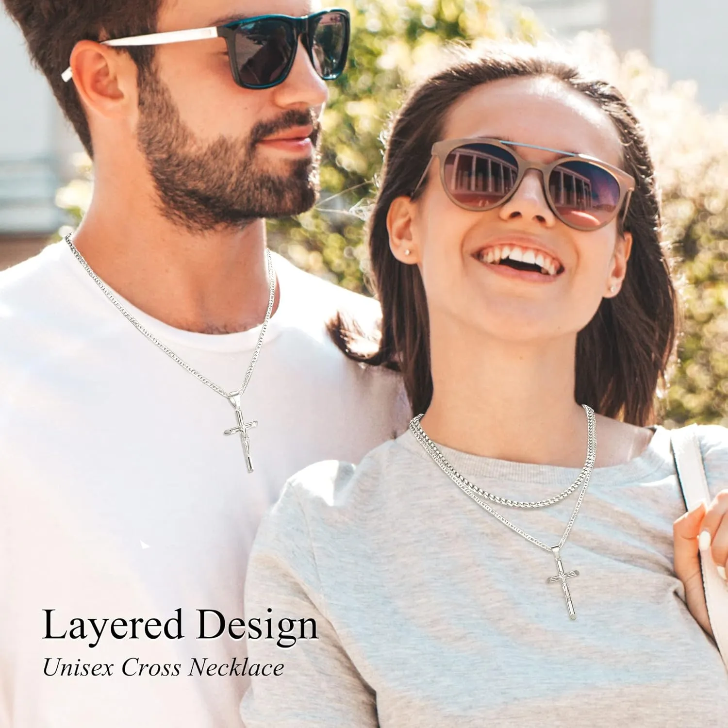 Cross Necklace for Women Men Stainless Steel Mens Cross Necklaces Gold Silver Jesus Cross Necklace Layered Cuban Figaro Chain Necklace Jewelry Gifts for Women Men