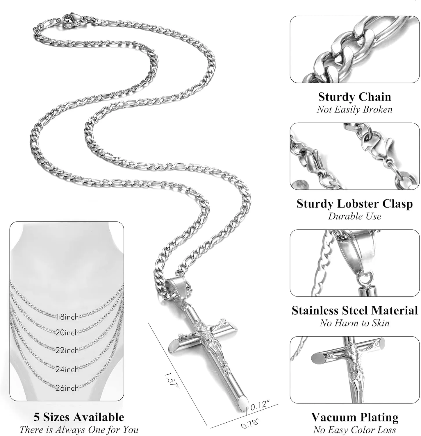 Cross Necklace for Women Men Stainless Steel Mens Cross Necklaces Gold Silver Jesus Cross Necklace Layered Cuban Figaro Chain Necklace Jewelry Gifts for Women Men