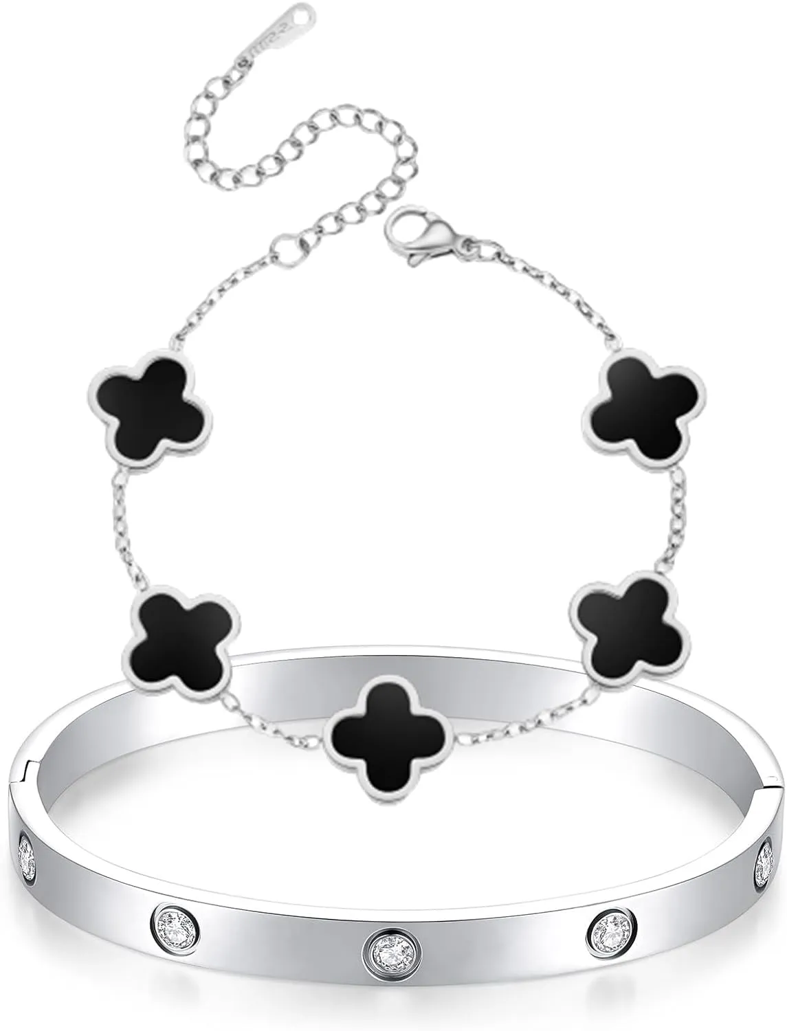 Dainty Gold Clover Bracelet Love Bangle Set Non Tarnish Gold Bracelet Stack and Black White Four Leaf Clover Bracelet Simple Cute Friendship Bangle Bracelets for Women Trendy Holiday Gifts