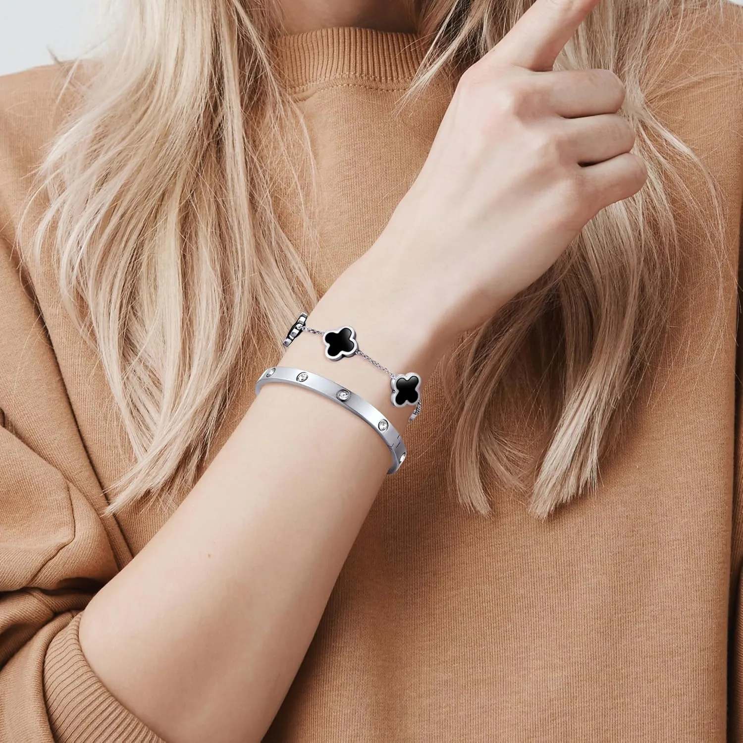 Dainty Gold Clover Bracelet Love Bangle Set Non Tarnish Gold Bracelet Stack and Black White Four Leaf Clover Bracelet Simple Cute Friendship Bangle Bracelets for Women Trendy Holiday Gifts