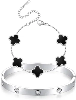 Dainty Gold Clover Bracelet Love Bangle Set Non Tarnish Gold Bracelet Stack and Black White Four Leaf Clover Bracelet Simple Cute Friendship Bangle Bracelets for Women Trendy Holiday Gifts