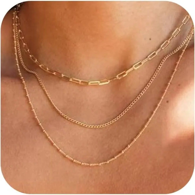 Dainty Gold Layered Necklace for Women 14K Gold Plated Layered Thin Beaded Layered Choker Necklaces Paper Clip Chain Link Necklace Everyday Jewelry
