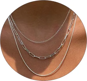 Dainty Layered Necklaces for Women Silver Trendy Layering Necklace Snake Paperclip Figaro Chain Layered Necklace Set Everyday Jewelry Gift