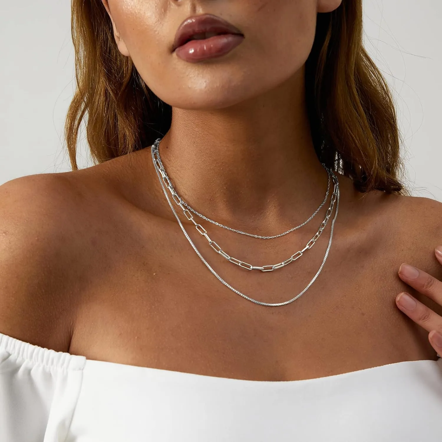 Dainty Layered Necklaces for Women Silver Trendy Layering Necklace Snake Paperclip Figaro Chain Layered Necklace Set Everyday Jewelry Gift