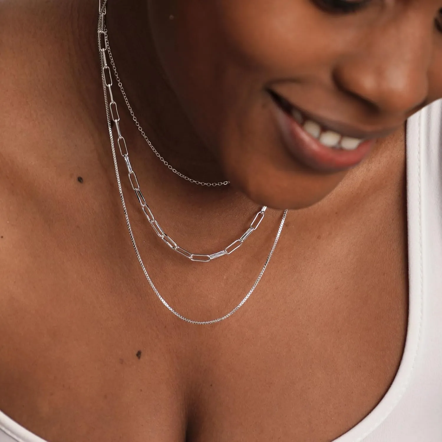 Dainty Layered Necklaces for Women Silver Trendy Layering Necklace Snake Paperclip Figaro Chain Layered Necklace Set Everyday Jewelry Gift
