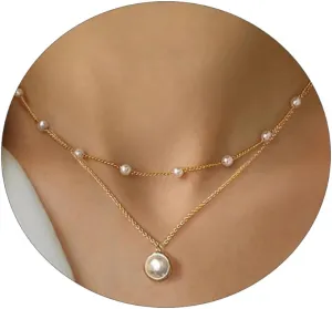 Dainty Layered Pearl Necklaces for Women 14K Gold Plated Pearl Necklace Layering Pearl Paperclip Necklace Trendy Women Pearl Pendant Jewelry Gifts