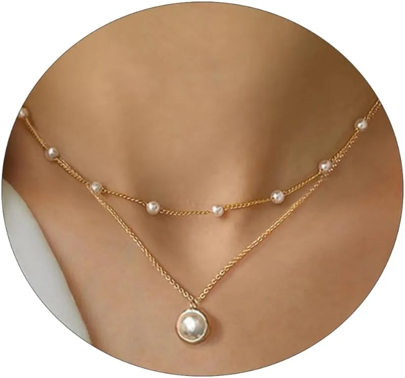 Dainty Layered Pearl Necklaces for Women 14K Gold Plated Pearl Necklace Layering Pearl Paperclip Necklace Trendy Women Pearl Pendant Jewelry Gifts