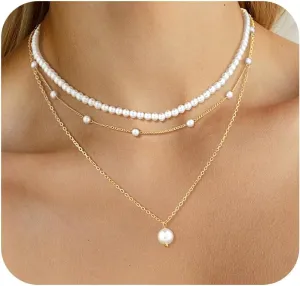 DIBOLA Gold Jewelry Set for Women, Dainty Layered 14K Gold/Silver Pearl Choker Necklaces and Earring Set Pearl Earrings Bracelets Wedding Bride Jewelry