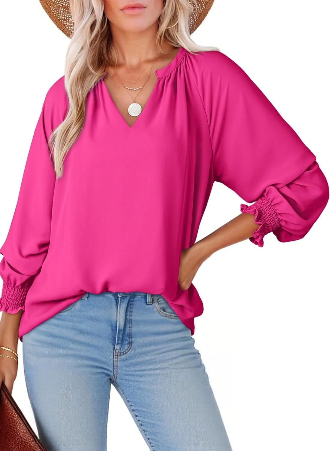 Dokotoo Womens Blouses Fashion Long Sleeve Shirts V Neck Business Casual Tops Spring Summer Outfits 2025